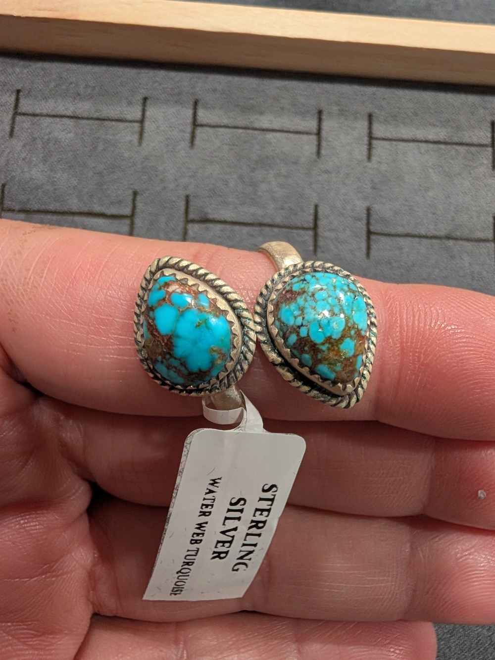 Sterling Silver Turquoise Double Stone Ring - Water Web Turquoise